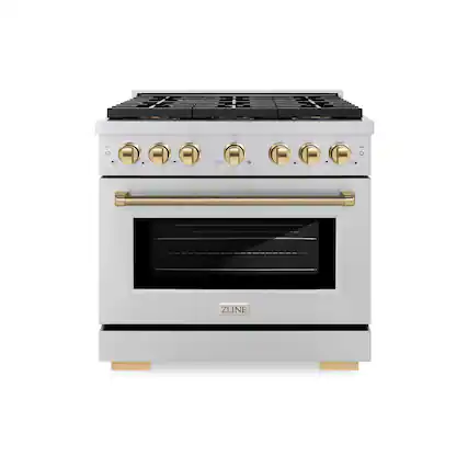 Front. ZLINE - ZLINE Autograph 36 in. 5.2 Cu. Ft. Freestanding Paramount DuoPro Gas Range in Stainless Steel with Gold Helix Handle - Stainless Steel.