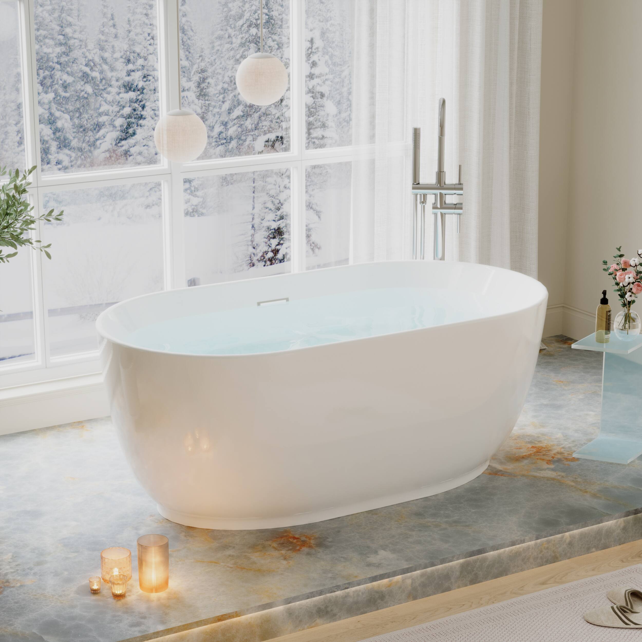 Angle. WELLFOR - Lyra 59 in. x 31.5 in. Pure Virgin Acrylic Oval Freestanding Soaking Bathtub with Drain and Overflow - White.