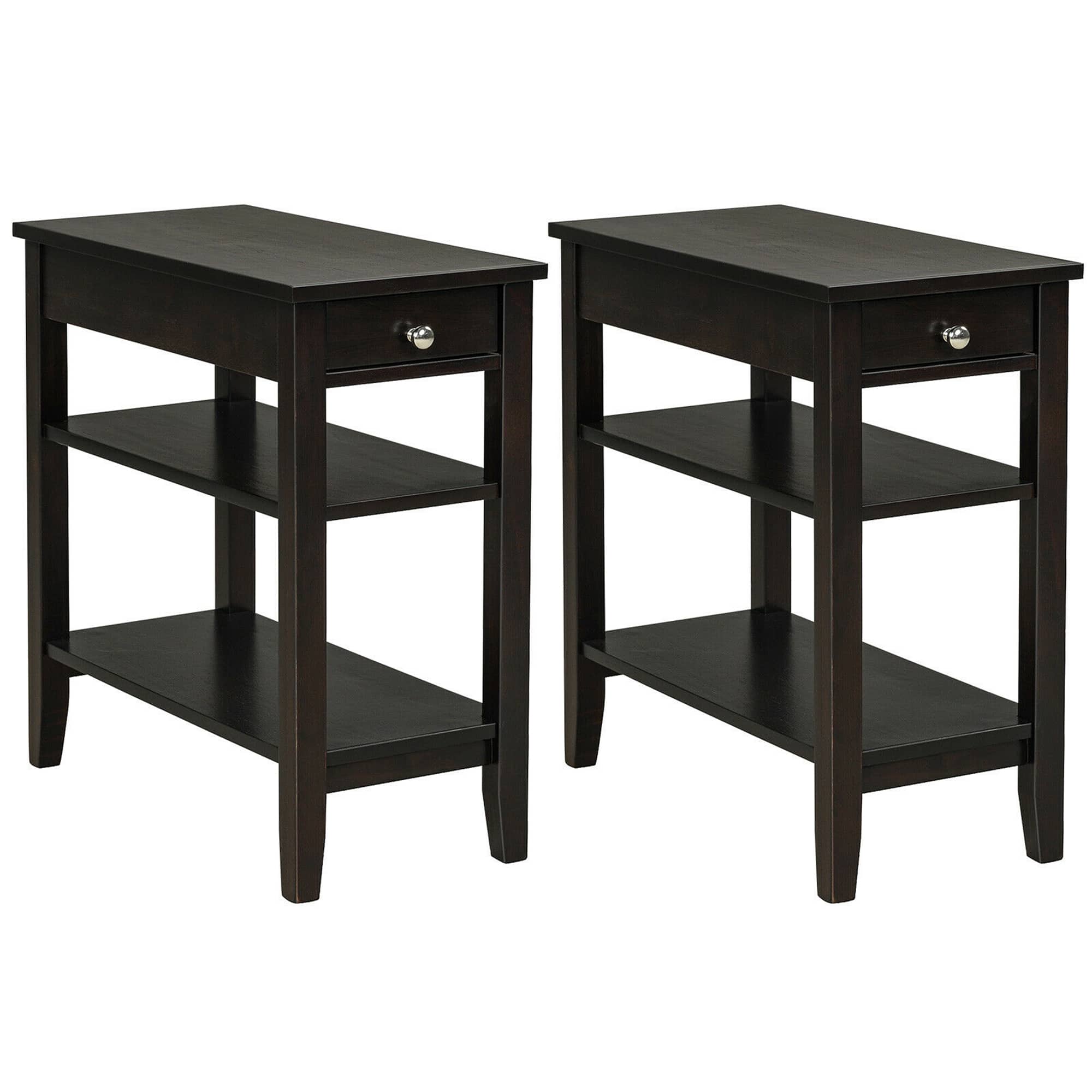 Gymax - 2PCS 3-Tier End Table Sofa Side Table Nightstand w/ Shelf & Drawer - Brown