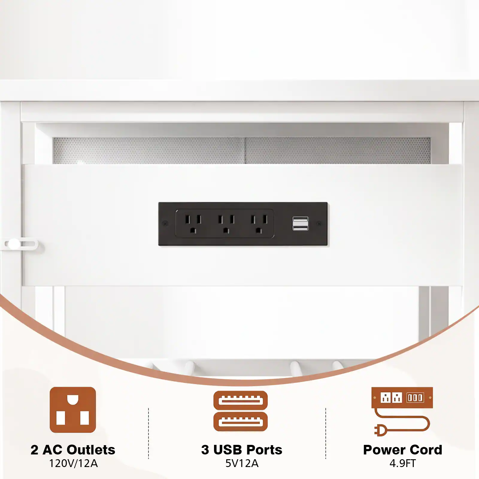 2 AC Outlets 120V/12A  
3 USB Ports 5V/12A  
Power Cord 4.9FT
