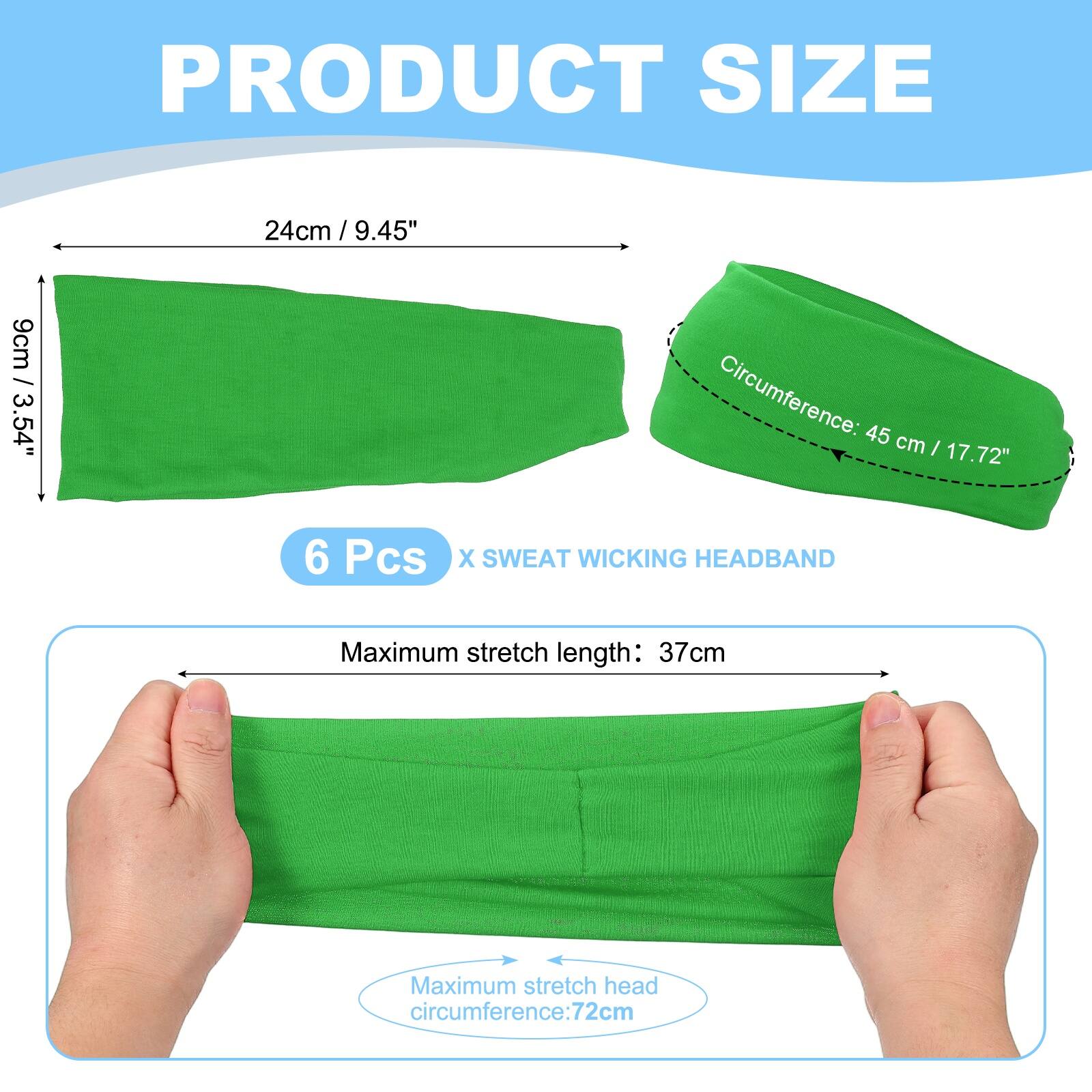 PRODUCT SIZE

24cm / 9.45"  
9cm / 3.54"  
Circumference: 45 cm / 17.72"  

6 Pcs X SWEAT WICKING HEADBAND  

Maximum stretch length: 37cm  
Maximum stretch head circumference: 72cm