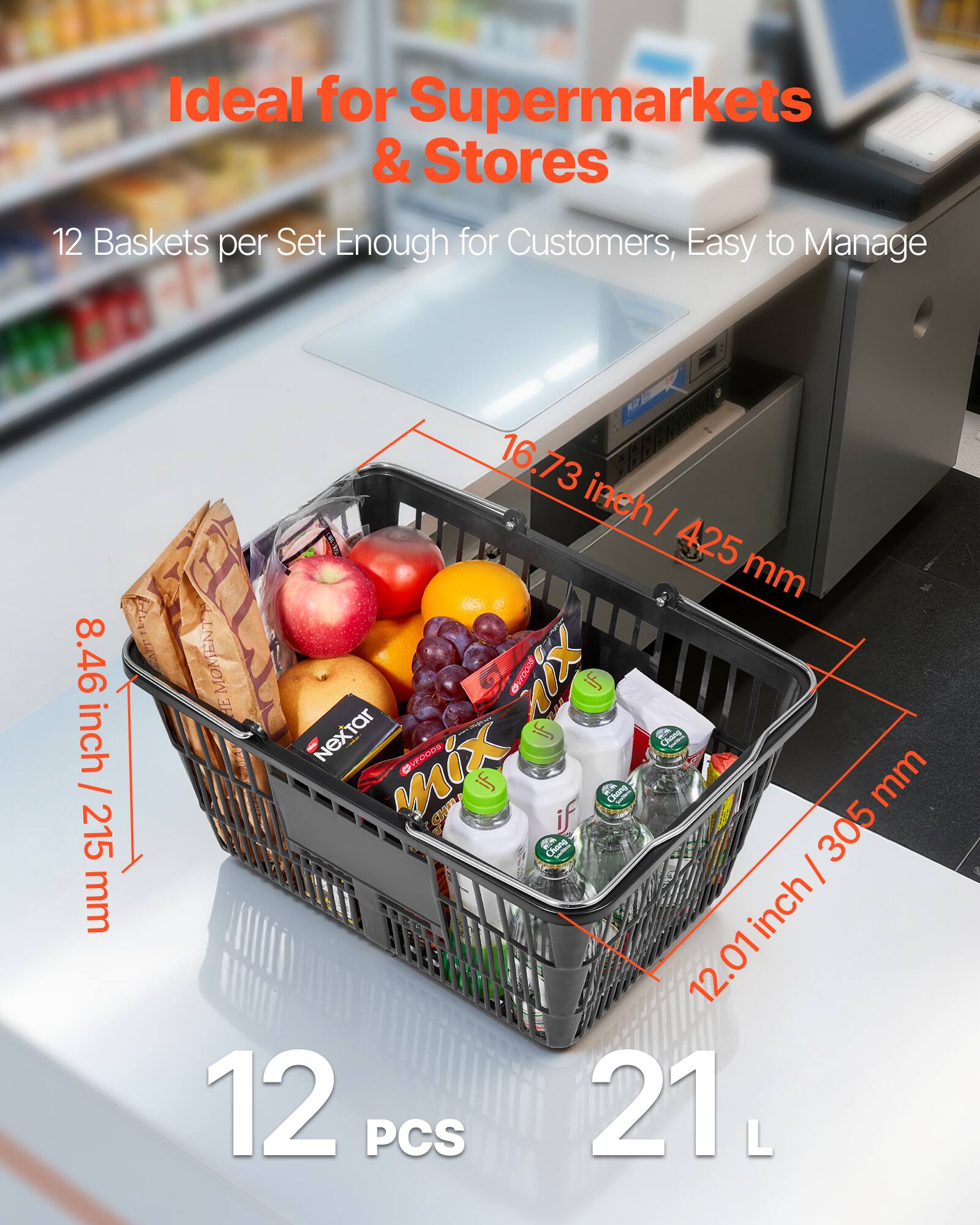 Ideal for Supermarkets & Stores  
12 Baskets per Set Enough for Customers, Easy to Manage  

8.46 inch / 215 mm  
16.73 inch / 425 mm  
12.01 inch / 305 mm  

12 PCS  
21 L