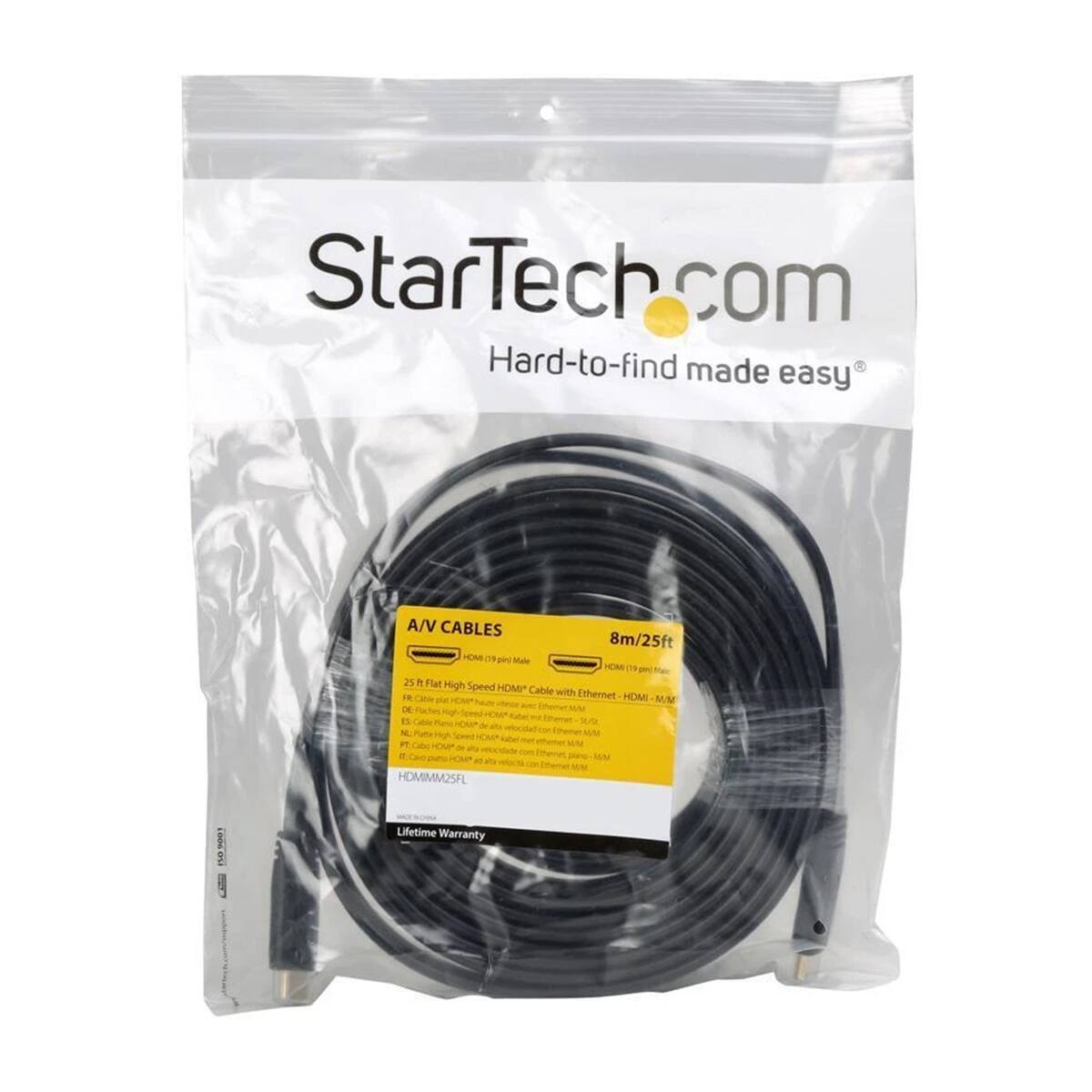 StarTech.com  
Hard-to-find made easy

A/V CABLES  
8m/25ft  
HDMI (19 pin) Male  
25 ft Flat High Speed HDMI* Cable with Ethernet  
HDMI/M/M25FL  
Lifetime Warranty