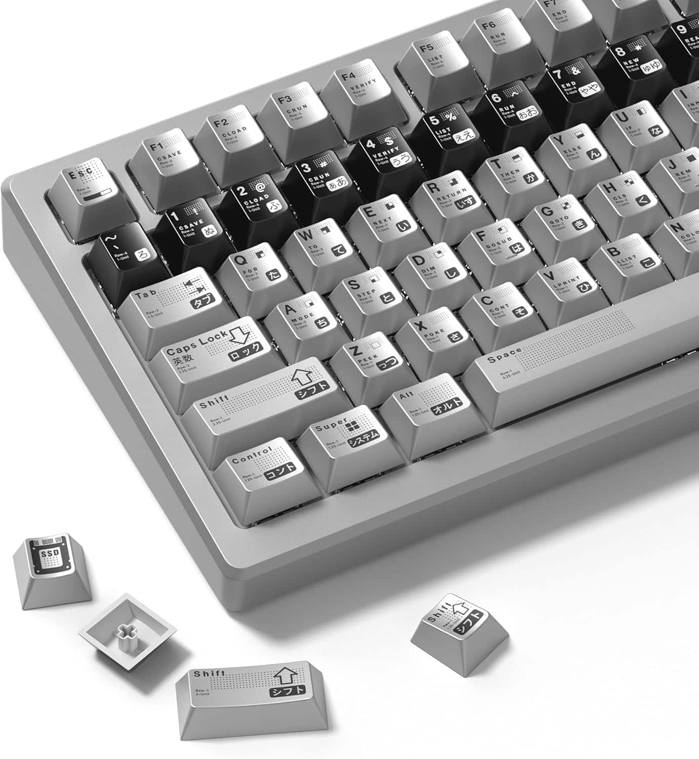 Womier - PBT Keycaps with Metal Paint, Janese Style Custom Keycap Set for 61/64/66/68/75/84/87 MX Switches Mechanical Keyboards - Grey-Black