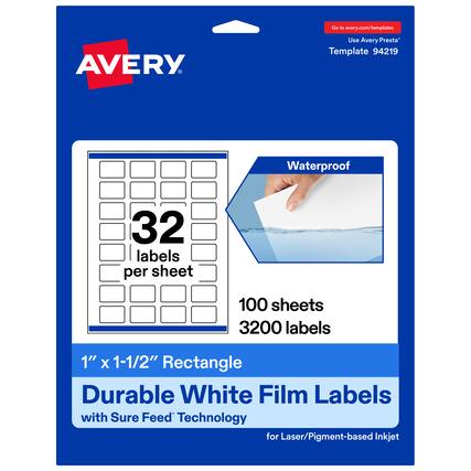 Go to avery.com/templates
Use Avery Presta™ Template 94219
Waterproof
32 labels per sheet
100 sheets
3200 labels
1" x 1-1/2" Rectangle
Durable White Film Labels with Sure Feed™ Technology for Laser/Pigment-based Inkjet