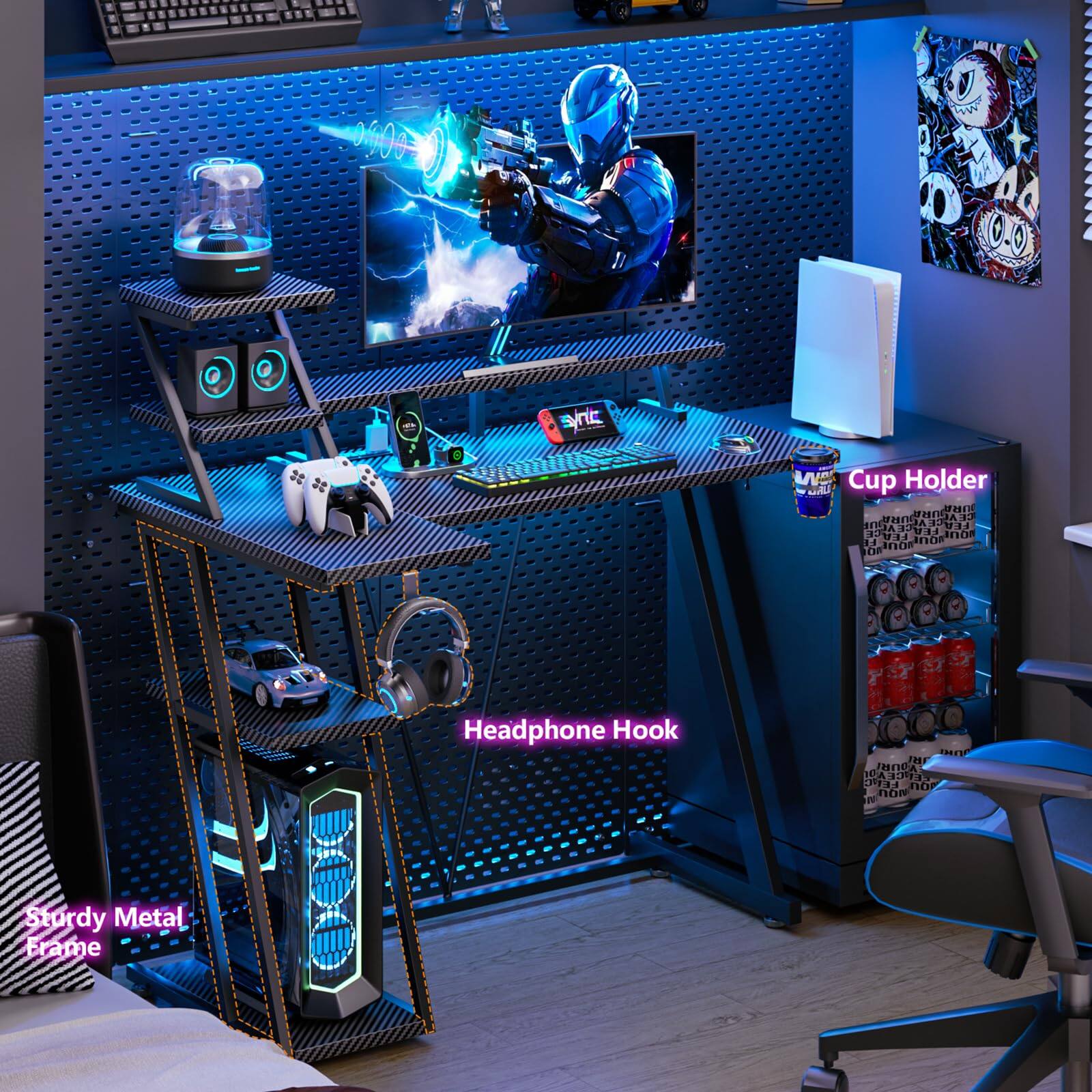 - Cup Holder
- Headphone Hook
- Sturdy Metal Frame