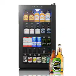 Yeego - 130 Cans Beverage Refrigerator Cooler, 3.36 cu.ft. Freestanding Beverage Fridge with Glass Door for Home/Office - Black