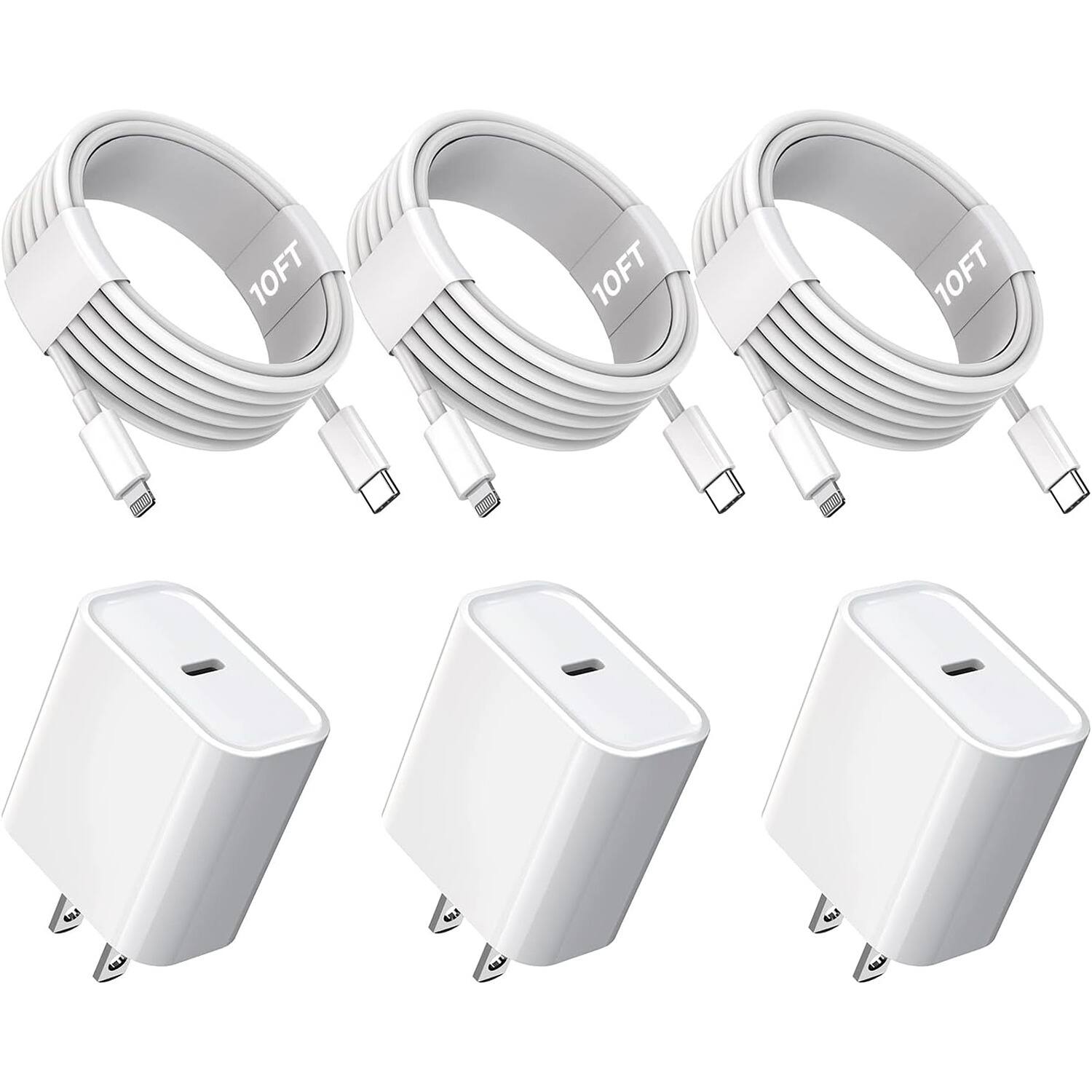 MOSZAR LLC - 3-Pack 10Ft MFi Certified USB-C to Lightning Fast Charger for iPhone & iPad - White
