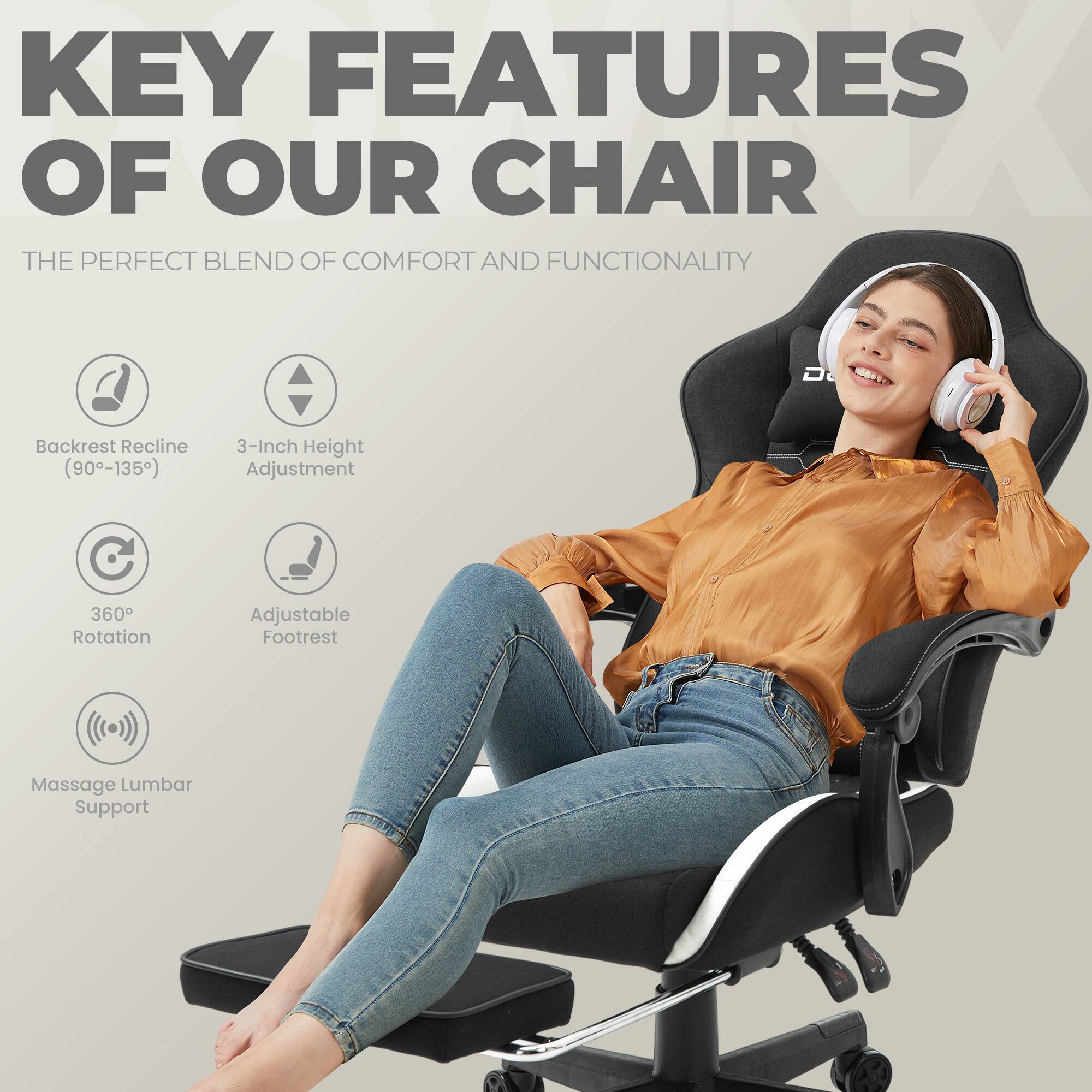 KEY FEATURES OF OUR CHAIR

THE PERFECT BLEND OF COMFORT AND FUNCTIONALITY

- Backrest Recline (90°-135°)
- 3-Inch Height Adjustment
- 360° Rotation
- Adjustable Footrest
- Massage Lumbar Support