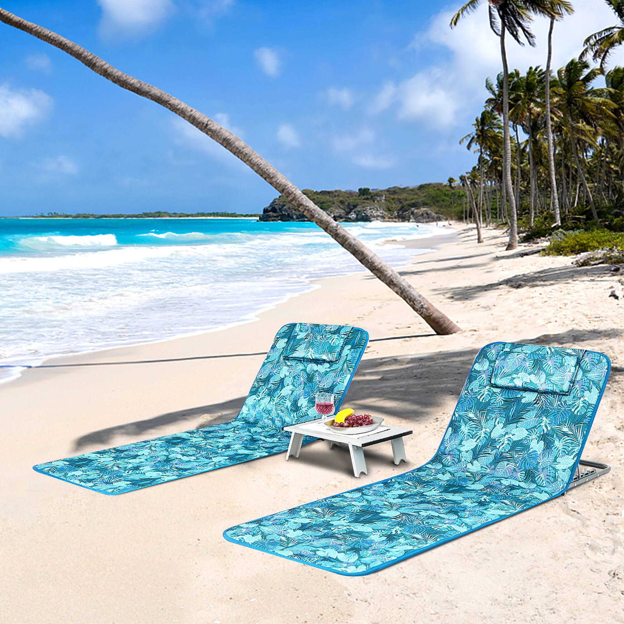 Alt View 1. Costway - Costway 3-Piece Beach Lounge Chair Mat Set 2 Adjustable Lounge Chairs with Table - Green.
