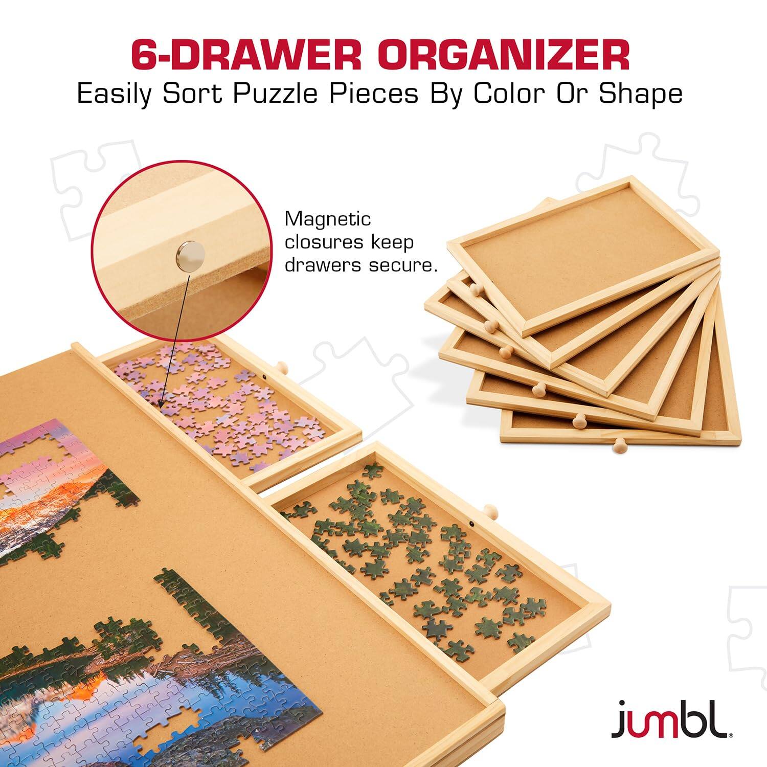 6-Drawer Organizer  
Easily Sort Puzzle Pieces By Color Or Shape  

Magnetic closures keep drawers secure.  

jumbl.