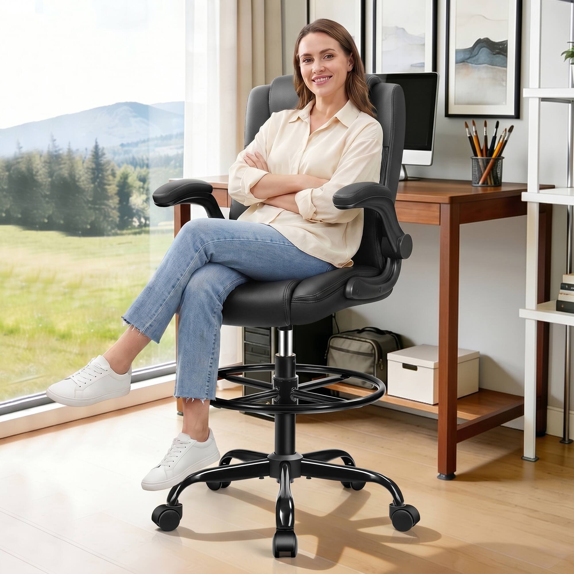 Alt View 5. KERDOM - High Back Drafting Chair with Adjustable Footrest Ring, Ergonomic PU Leather Standing Desk Chair with Flip-Up Armrest - Black.