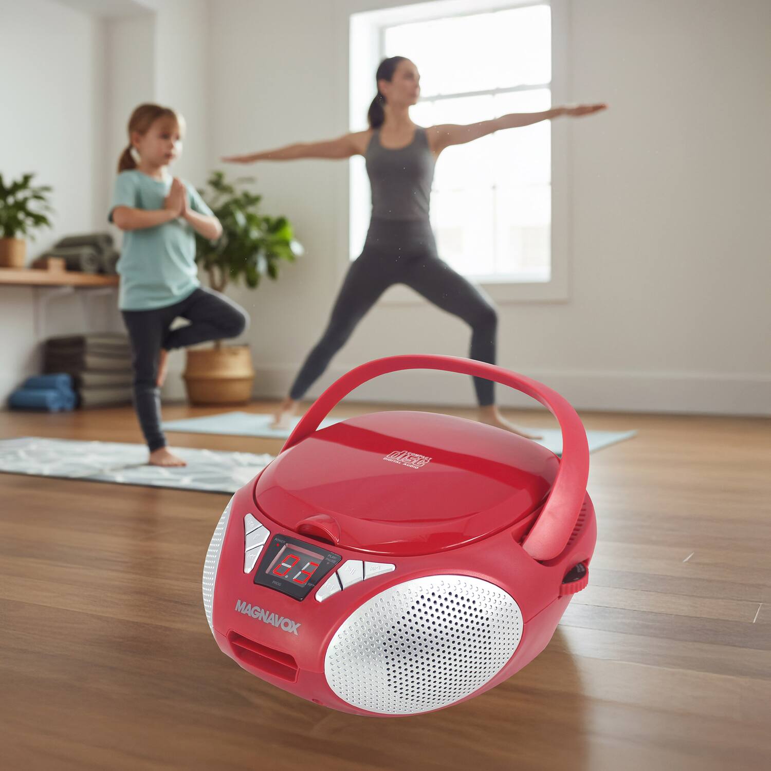 Angle. Magnavox - 10W Portable CD Cassette AM/FM Radio Boom Box, Aux, Telescoping Antenna, Carry Handle, AC/Battery, MRCD6924 - Red.
