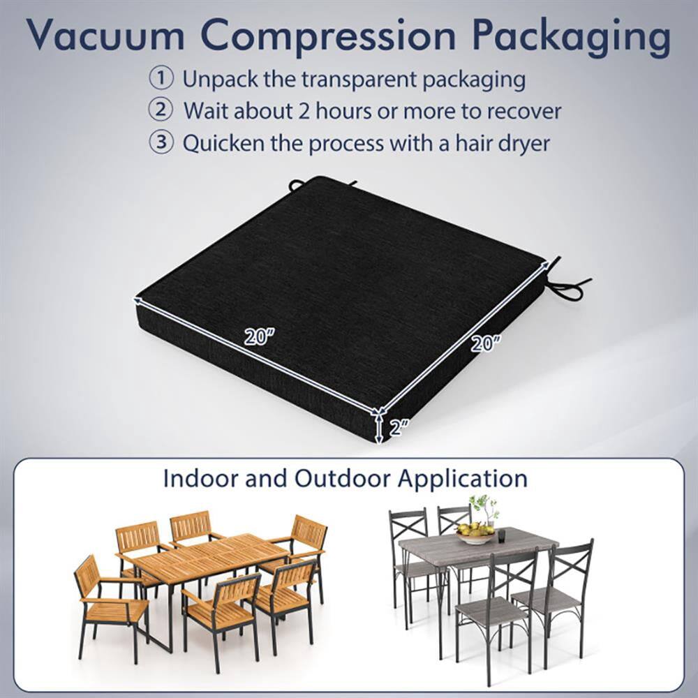 Vacuum Compression Packaging

1. Unpack the transparent packaging
2. Wait about 2 hours or more to recover
3. Quicken the process with a hair dryer

Indoor and Outdoor Application

20" x 20" x 2"