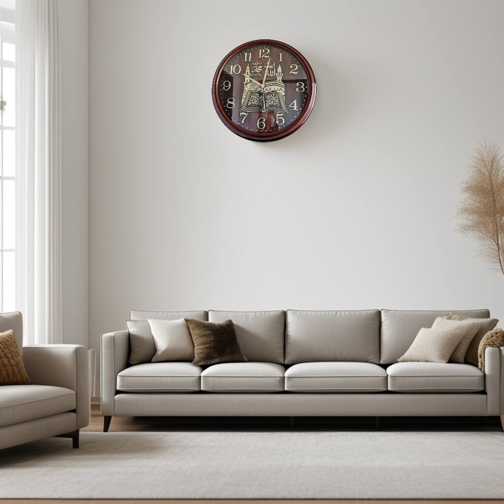 Angle. FC Design - 26"H Brown Round Islamic Mecca Wall Clock - Decorative Timepiece - Multicolor.