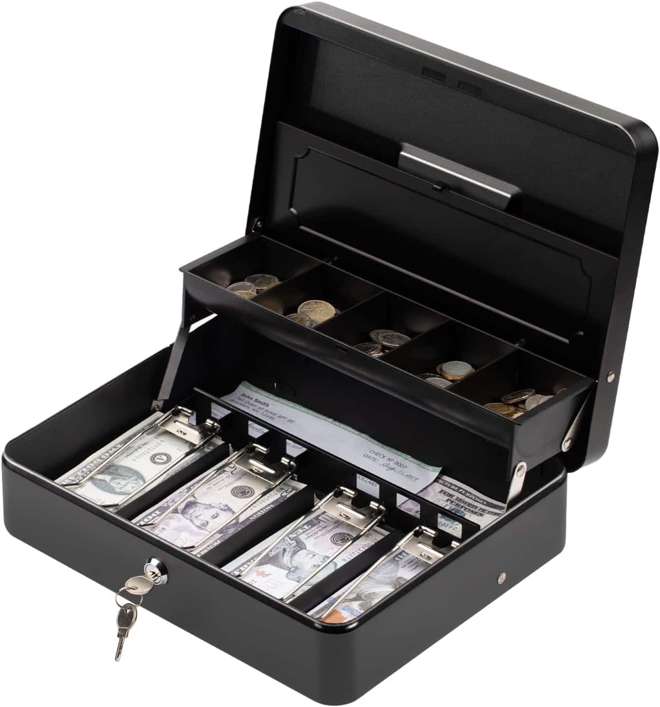 12" Cash Box with Key Lock 4 Bill 5 Coin Money Tray Anti-Theft Steel Safe Box KL380