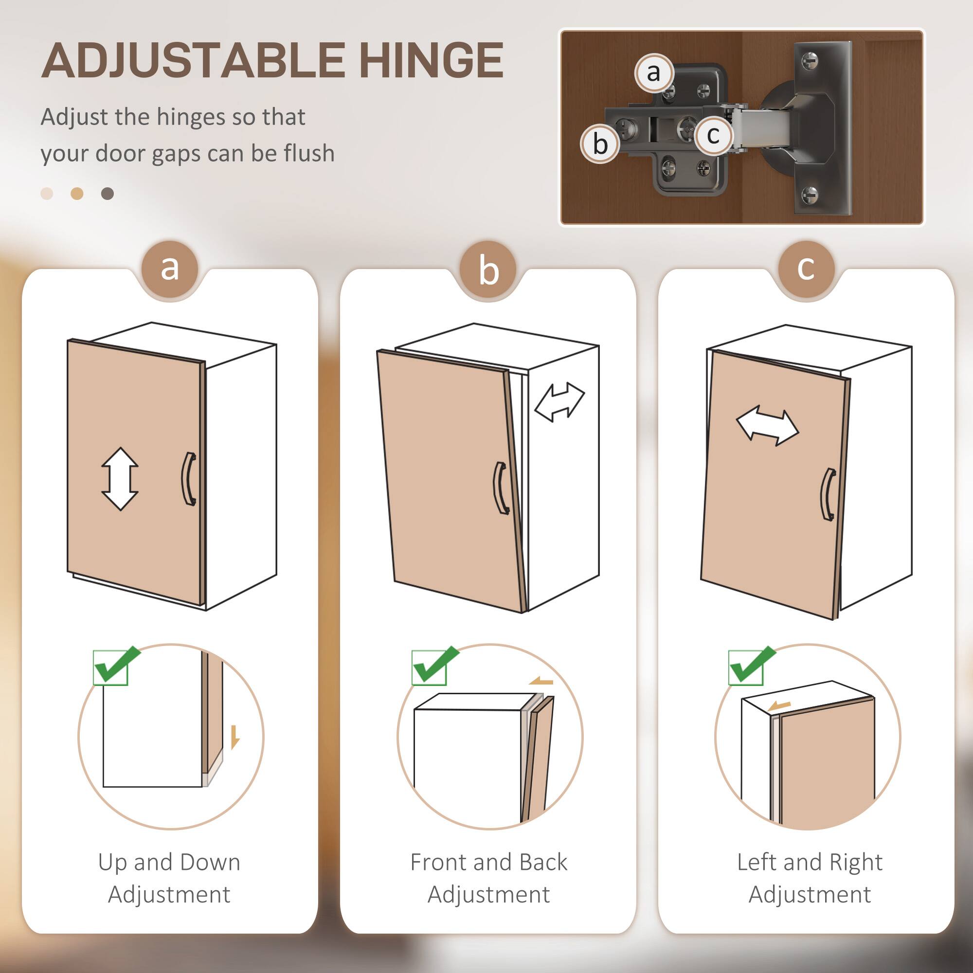 ADJUSTABLE HINGE Adjust the hinges so that your door gaps can be flush

a. Up and Down Adjustment
b. Front and Back Adjustment
c. Left and Right Adjustment