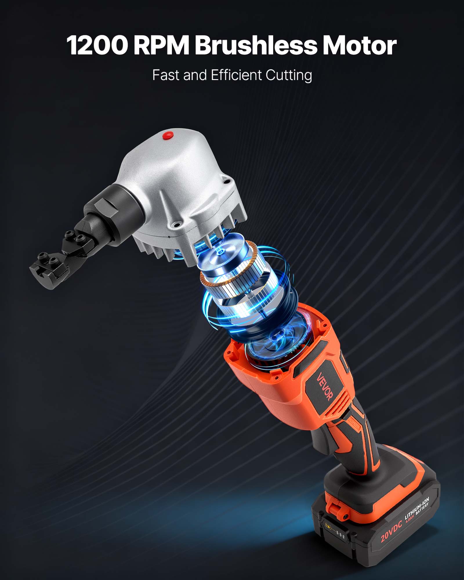 1200 RPM Brushless Motor  
Fast and Efficient Cutting  
VEVOR  
LITHIUM-ION BATTERY  
20VDC
