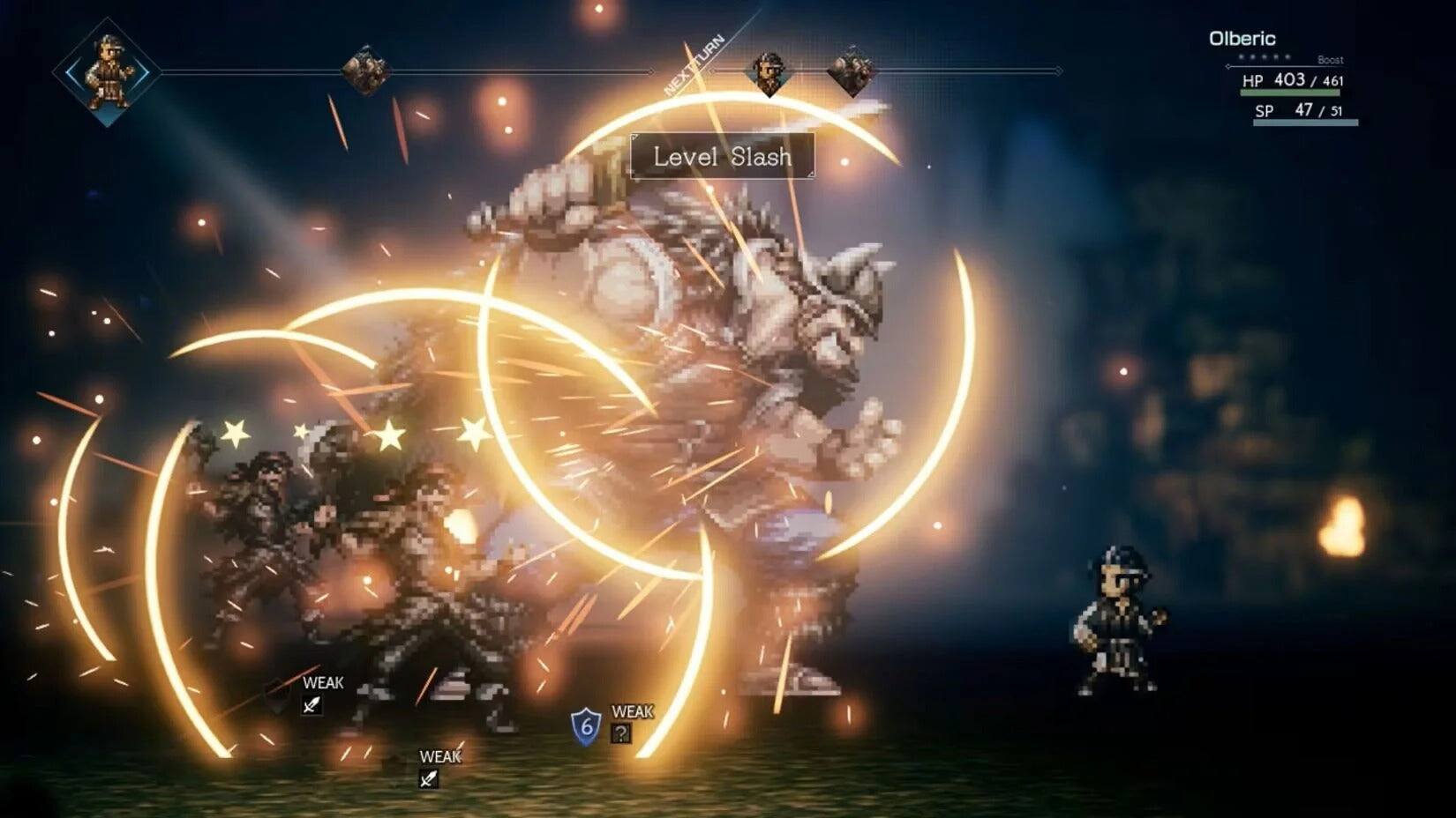 TURN NEXT

Olberic
Boost
HP 403 / 461
SP 47 / 51

Level Slash

WEAK
WEAK
WEAK 6 ?