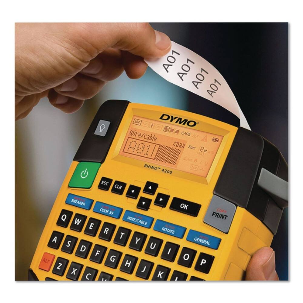 Sure, here is the corrected and grouped text:

- ESC A01 A01 A01 A01 abc abo
- DYMO Wire/cable
- CAPS ALT i..
- A01 OA
- Size: 12 pt
- clus MAX Styles B / U
- RHINO box 4200
- CLR Y
- BREAKER OK
- CODE COPY
- WIRE/CABLE FLAG PRINT
- ALIGN R
- ROTATE A
- T FHRED S Y
- GENERAL D U F I
- ALT G o Z H P X J C
- I

The text on the label being printed:
- A01 A01 A01 A01