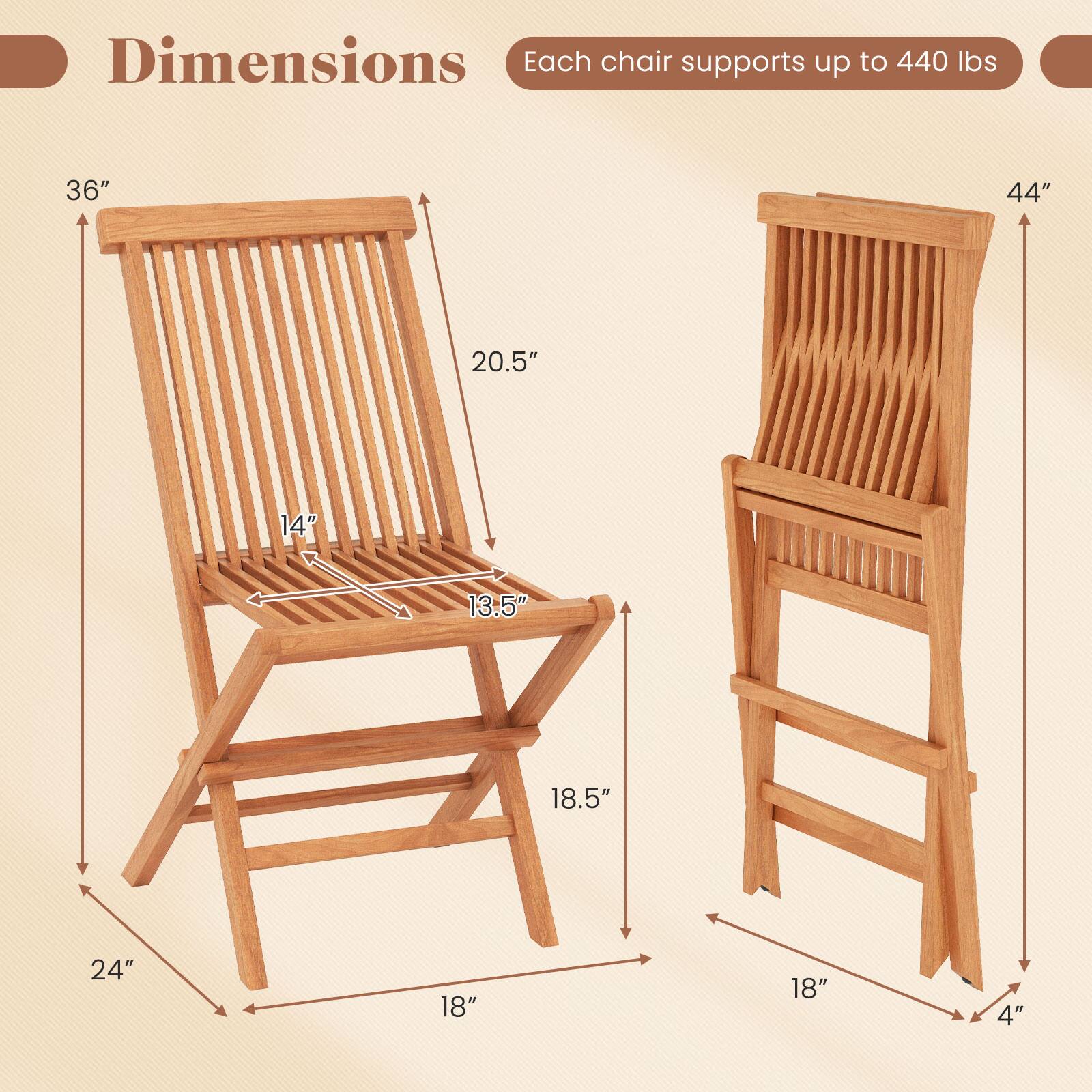 Dimensions  
Each chair supports up to 440 lbs  

36"  
44"  
20.5"  
14"  
13.5"  
18.5"  
24"  
18"  
18"  
4"