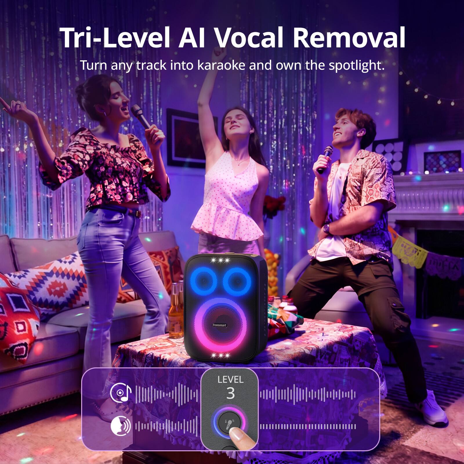 Tri-Level AI Vocal Removal  
Turn any track into karaoke and own the spotlight.  

LEVEL 3