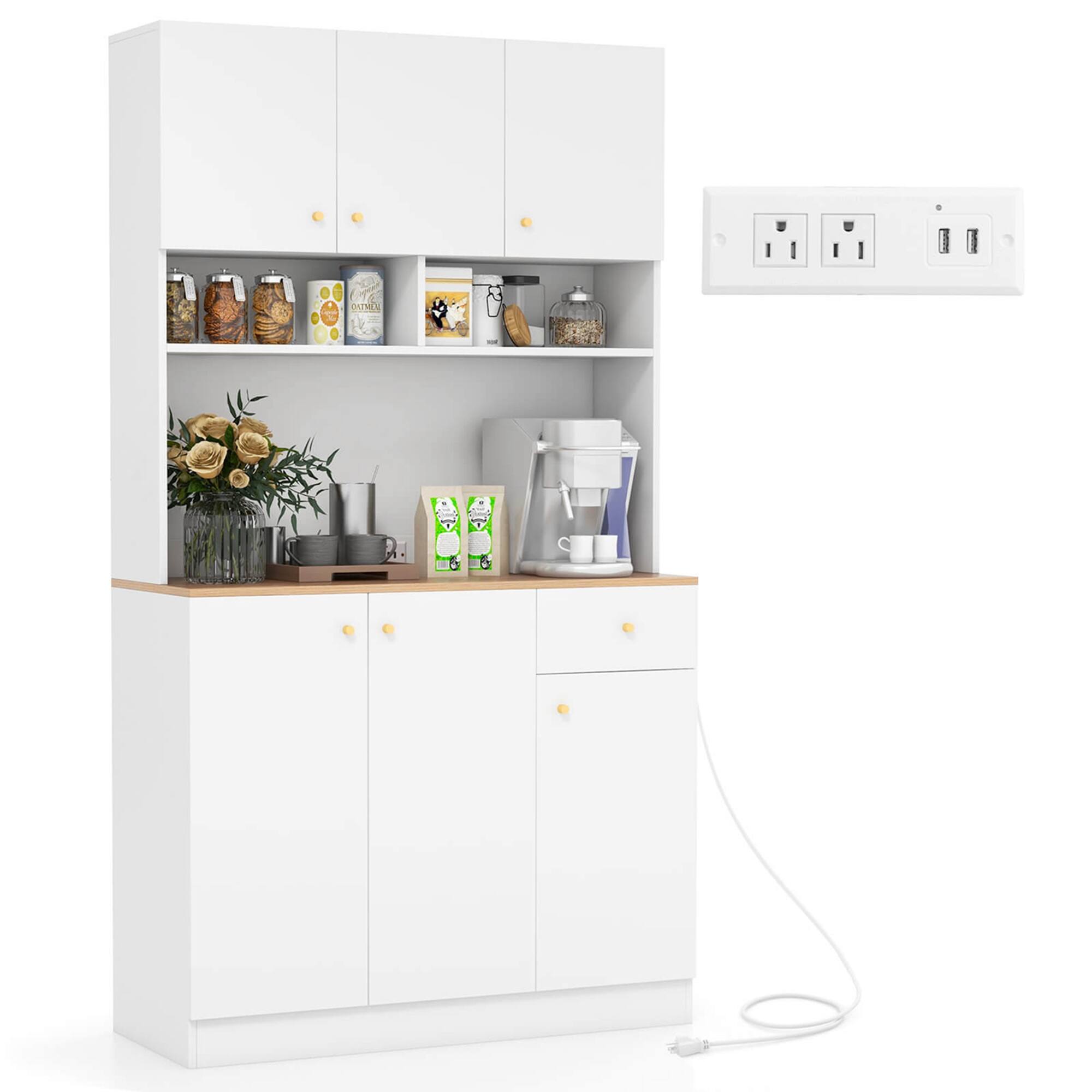 Costway - 71" Tall Pantry Cabinet with Outlets USB Ports Anti-Tipping Kits Adjustable Shelves - White