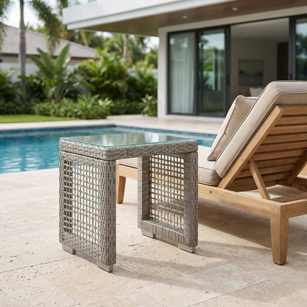 Left. Outdoor Escape - Wicker Rattan Outdoor Side Table in Neutral Finish with Weather-Resistant Design - Gray.