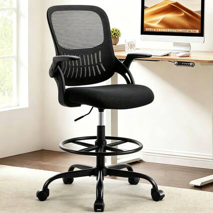 Front. Sweet - Drafting Chair, Tall Office Chair for Standing Desk with Flip-up Arms Mesh Rolling Work 360° Swivel Footrest, Gray - Black.