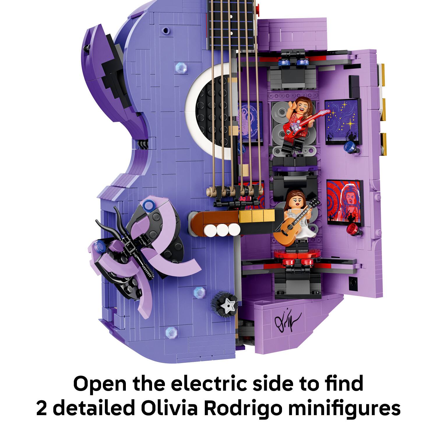 Open the electric side to find 2 detailed Olivia Rodrigo minifigures