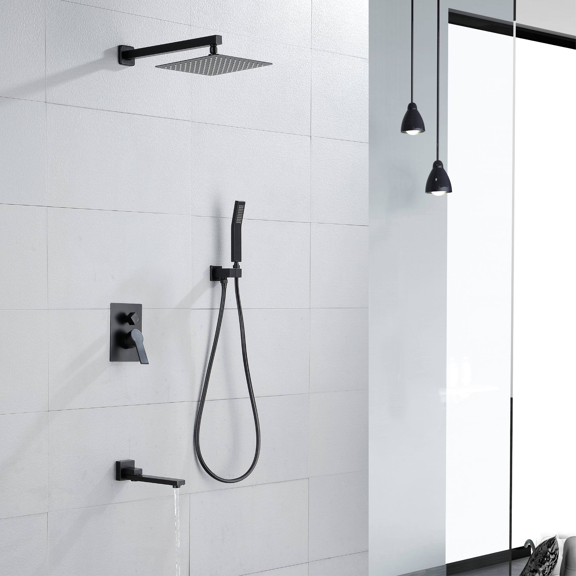 Back. Boyel Living - Single Handle 1 Spray Tub and Shower Faucet with Dual Shower in Matte Black 12 Inch Valve Included - Matte Black.
