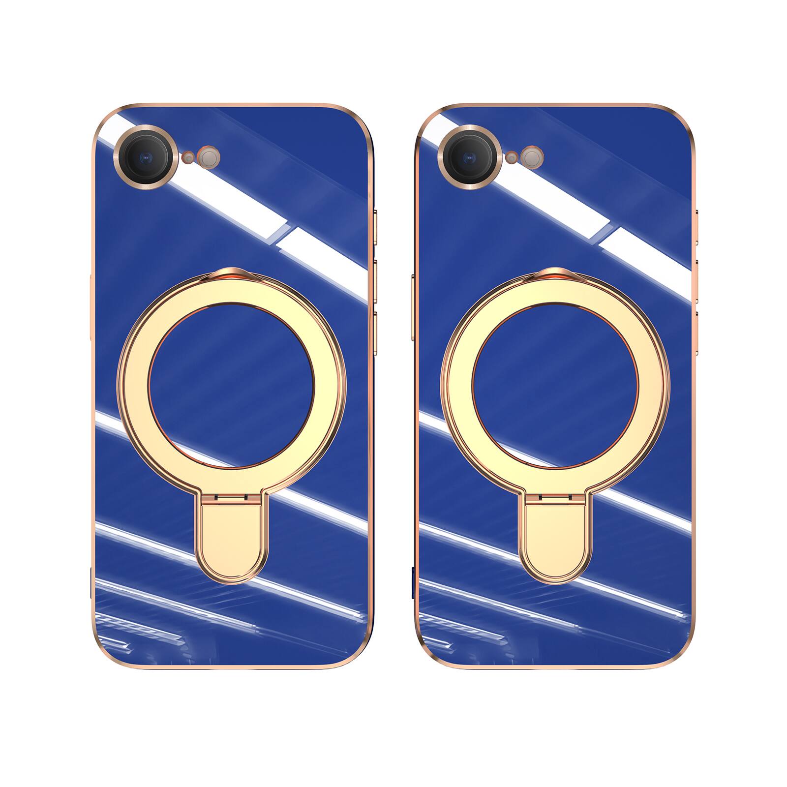 Angle. Dteck - Mag Safe Case for Apple iPhone 16e/17e,Slim Shockproof TPU Case with Metal Stand Plated Bumper Bulit in Glass Lens Film - Blue.