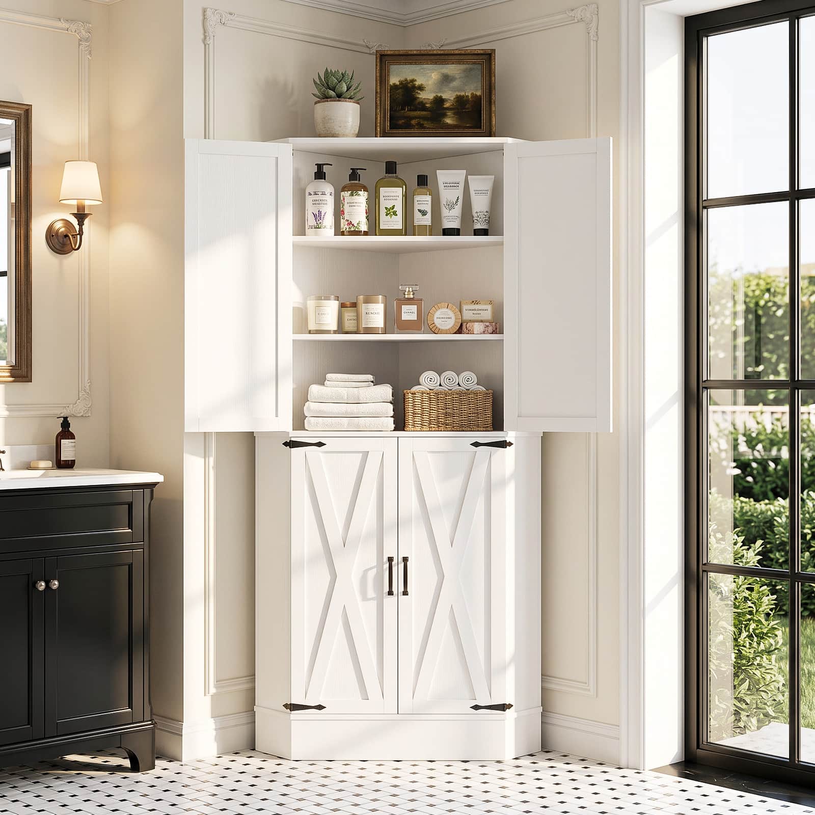 Alt View 2. Aheaplus - 70'' Tall Farmhouse Corner Pantry Storage Cabinet, Storage Cupboard with Drawer and 3 Adjustable Shelves - White.