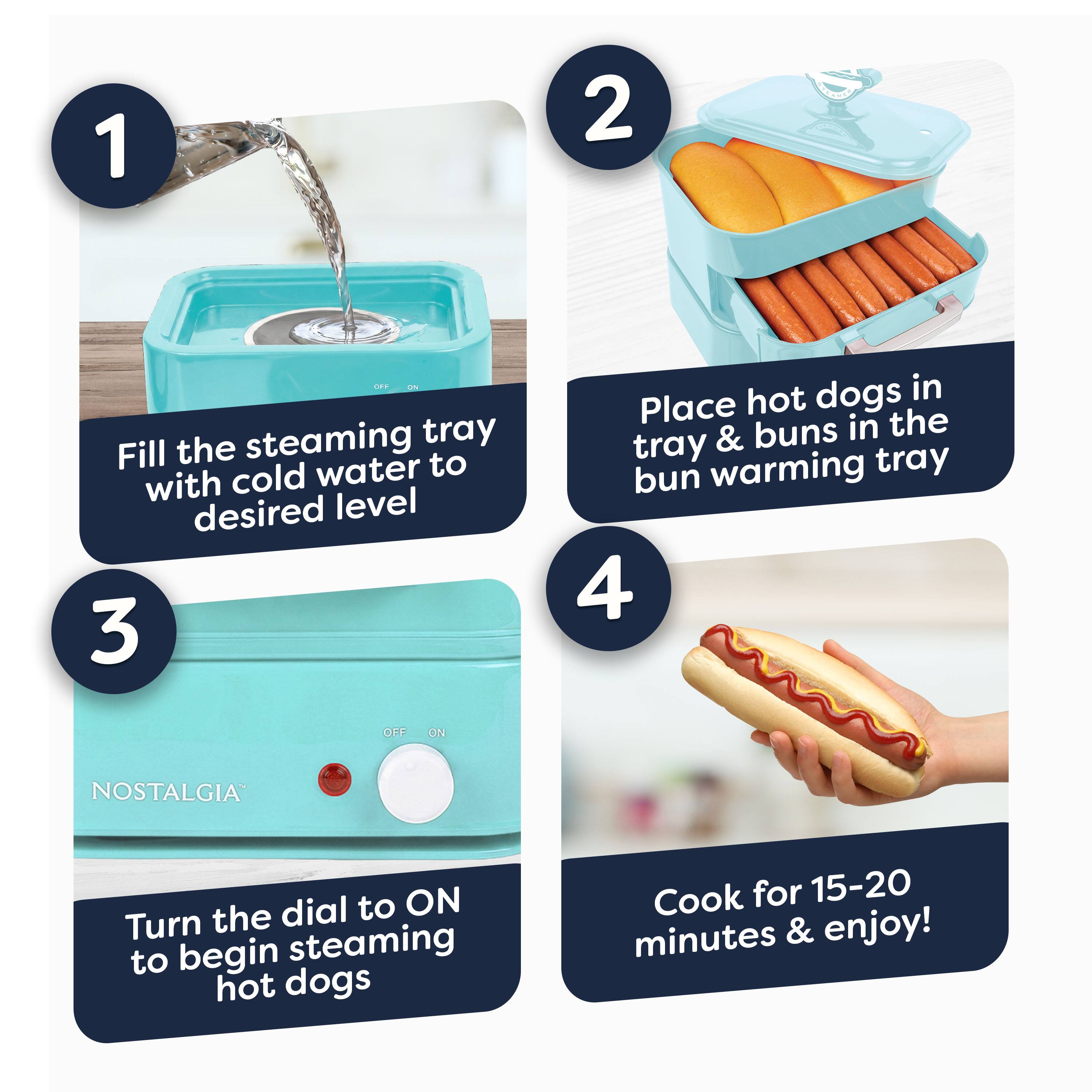 1. Fill the steaming tray with cold water to the desired level.
2. Place hot dogs in tray & buns in the bun warming tray.
3. Turn the dial to ON to begin steaming hot dogs.
4. Cook for 15-20 minutes & enjoy!