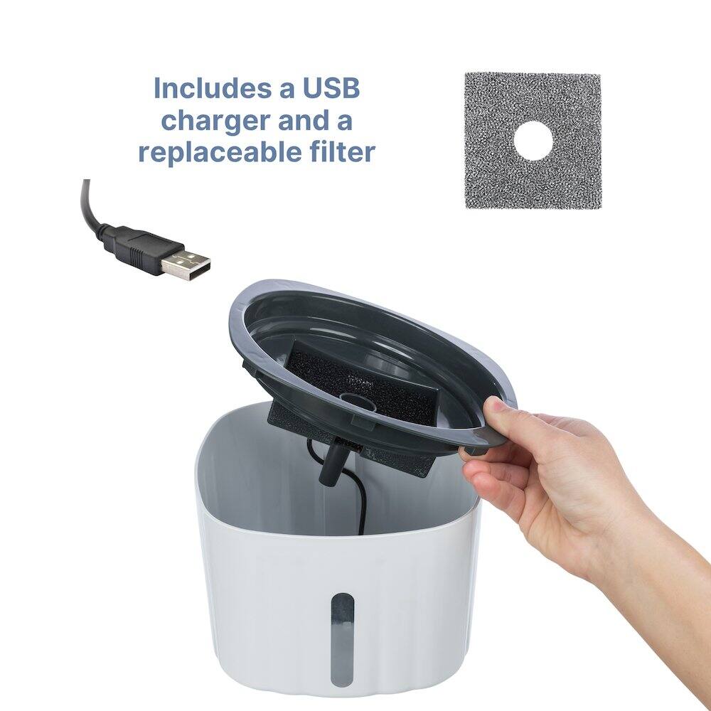 Includes a USB charger and a replaceable filter