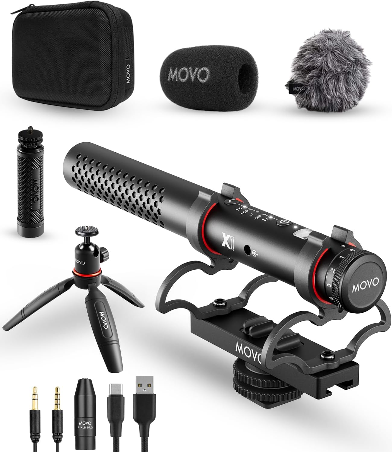 MOVO - X1 Supercardioid Shotgun Microphone - 3.5mm/XLR/USB-C Camera Mic for DSLR, Smartphones, and Computers