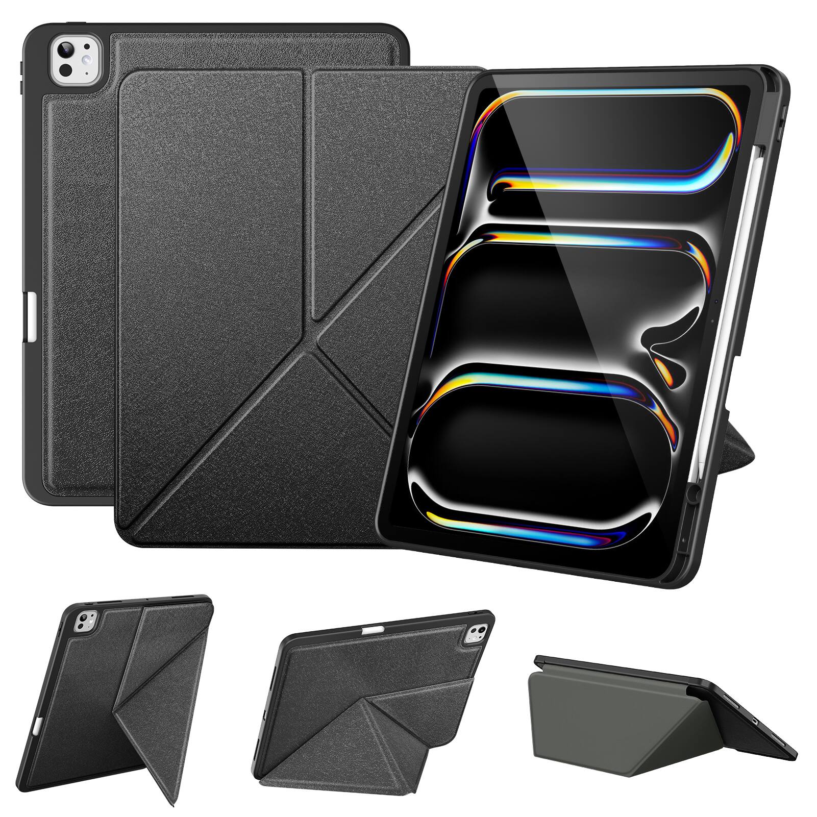 DTTO - Case for iPad Pro 13 Inch Case (M5/M4) 2025/2024, Origami Case with Multi fold, Pencil Holder, Support Auto Wake/Sleep - Black