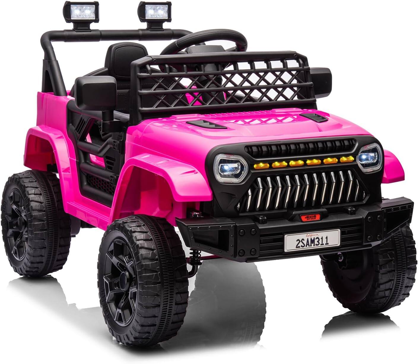 GARVEE - 12V Kids Ride-On Truck, Electric Car with Remote Control, Dual 30W Motors, Suspension, LED Lights & Music - Rose Red