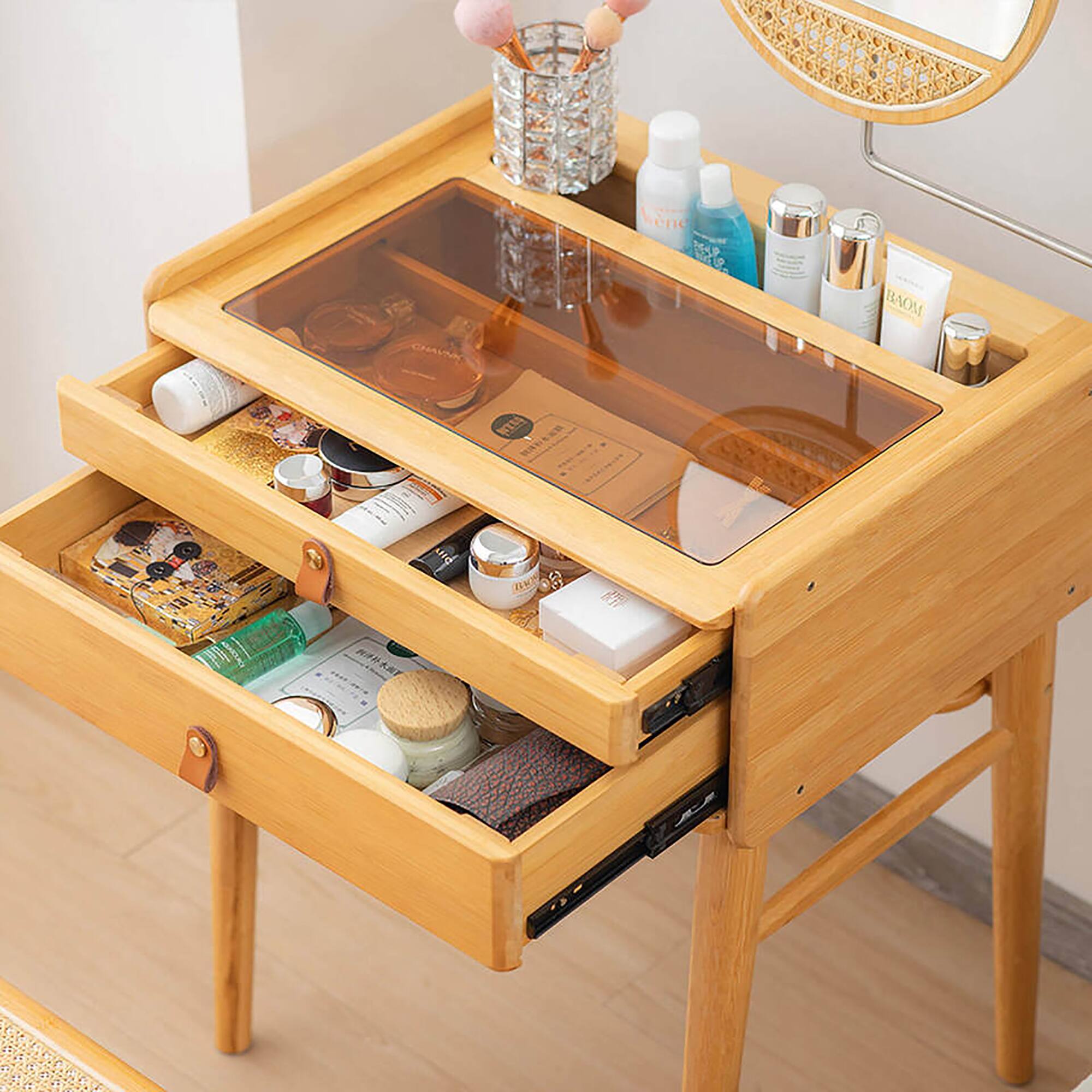 Alt View 7. Gymax - Gymax Vanity Table Set Bamboo Makeup Dressing Desk Stool Tempered Glass Tabletop - Natural.