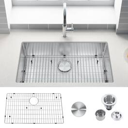 Akicon - 32 in. Undermount Single Bowl 18-Gauge Brushed Stainless Steel Kitchen Sink with Bottom Grid and Basket Strainer - Silver