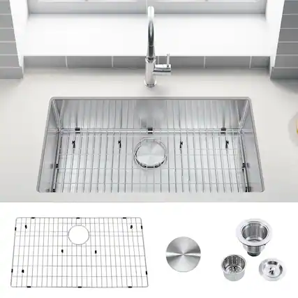 Front. Akicon - Akicon 32 in. Undermount Single Bowl 18-Gauge Brushed Stainless Steel Kitchen Sink with Bottom Grid and Basket Strainer - Silver.