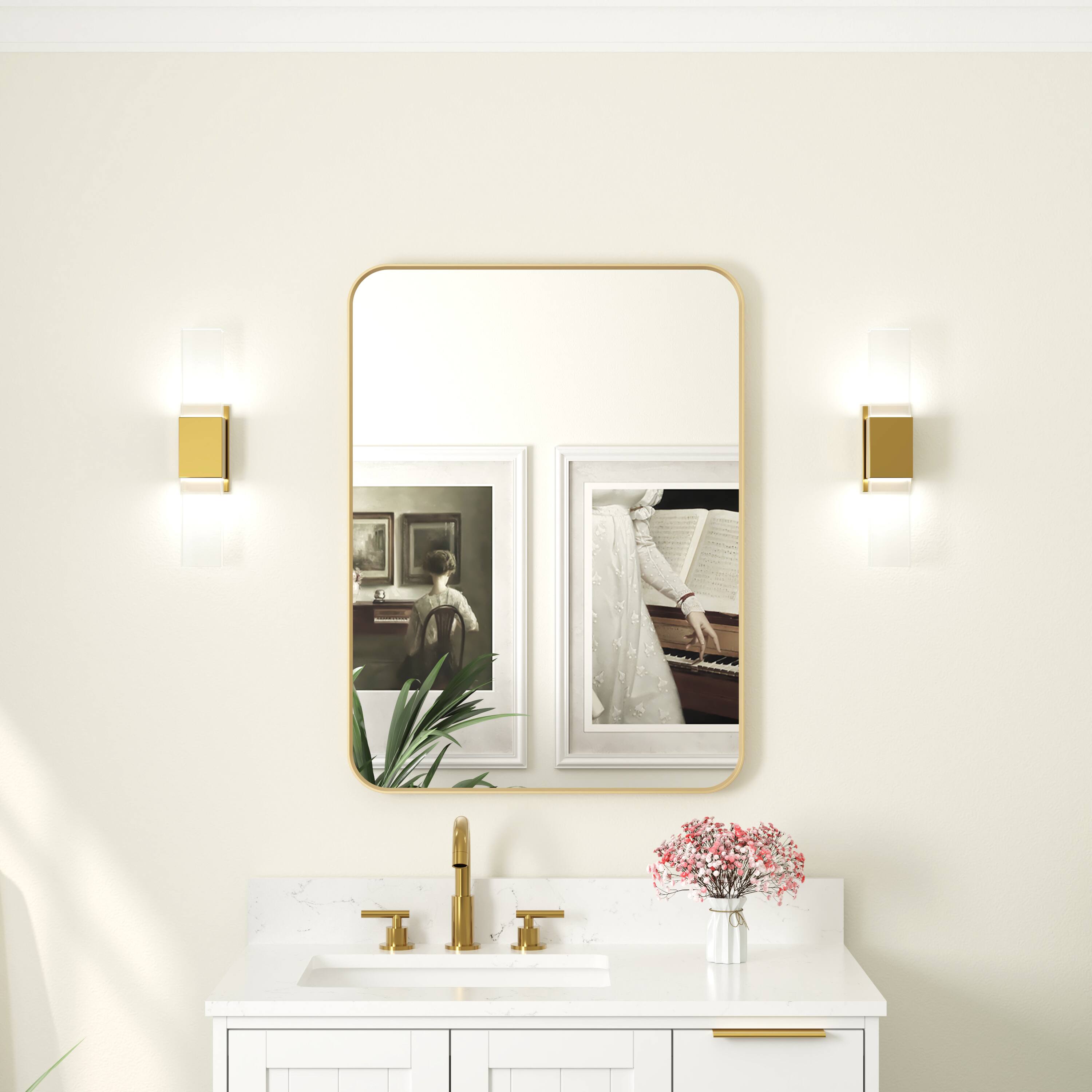 Left. WELLFOR - 24 in. W. x 32 in. H Rectangular Aluminum Framed Wall-Mounted Bathroom Vanity Mirror - Brushed Gold.