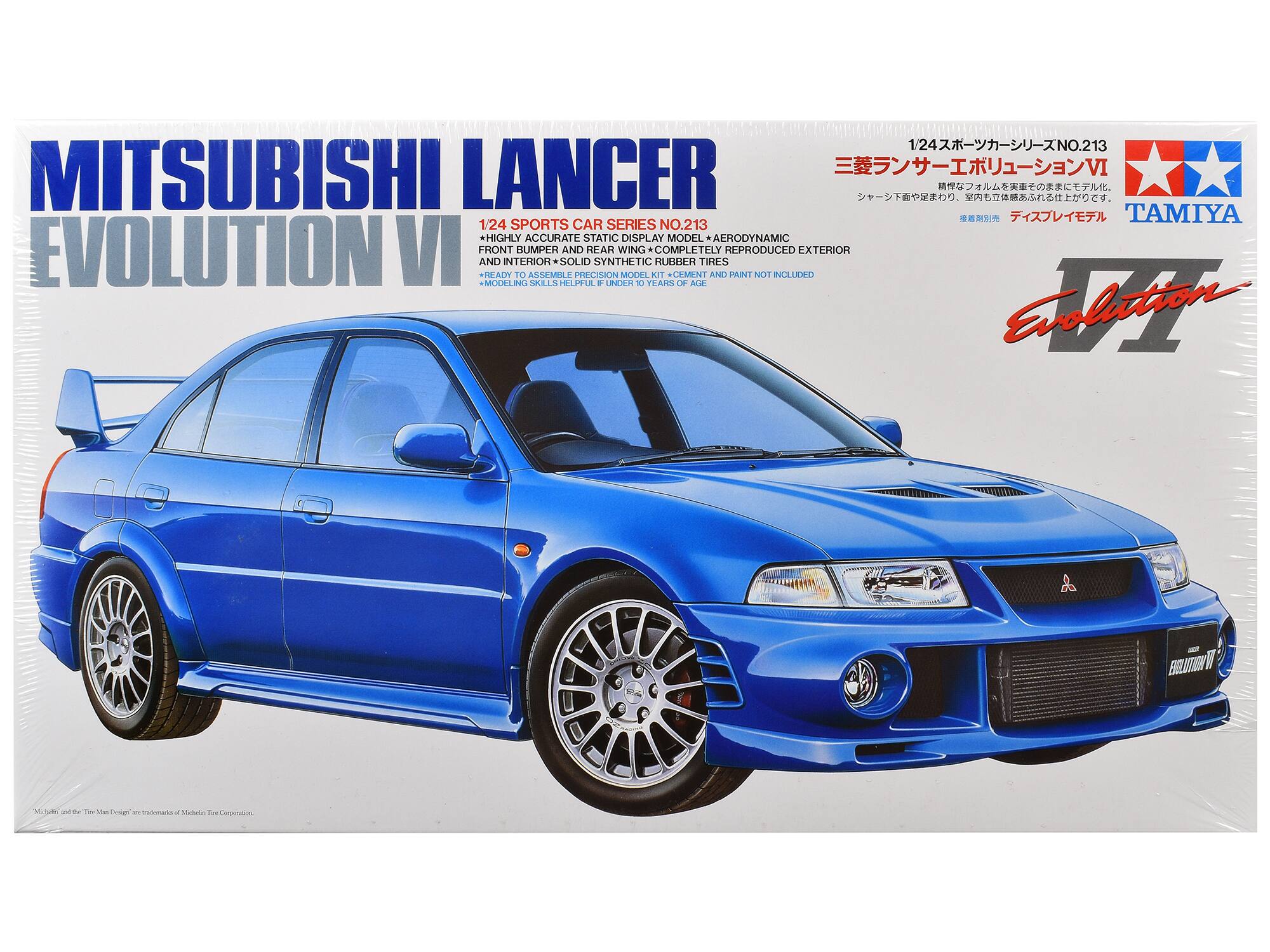 1/24 NO.213 MITSUBISHI LANCER EVOLUTION VI  
TAMIYA 1/24 SPORTS CAR SERIES NO.213  
HIGHLY ACCURATE STATIC DISPLAY MODEL *AERODYNAMIC EVOLUTION VI FRONT BUMPER AND REAR WING* COMPLETELY REPRODUCED EXTERIOR AND INTERIOR SOLID SYNTHETIC RUBBER TIRES READY TO ASSEMBLE PRECISION MODEL KIT - CEMENT AND PAINT NOT INCLUDED + MODELING SKILLS HELPFUL IF UNDER 10 YEARS OF AGE  

EVOLUTION VI  

"MaJuelle - ... Min's Demaric APP reformarks of LEAVER Lay Corporation.
