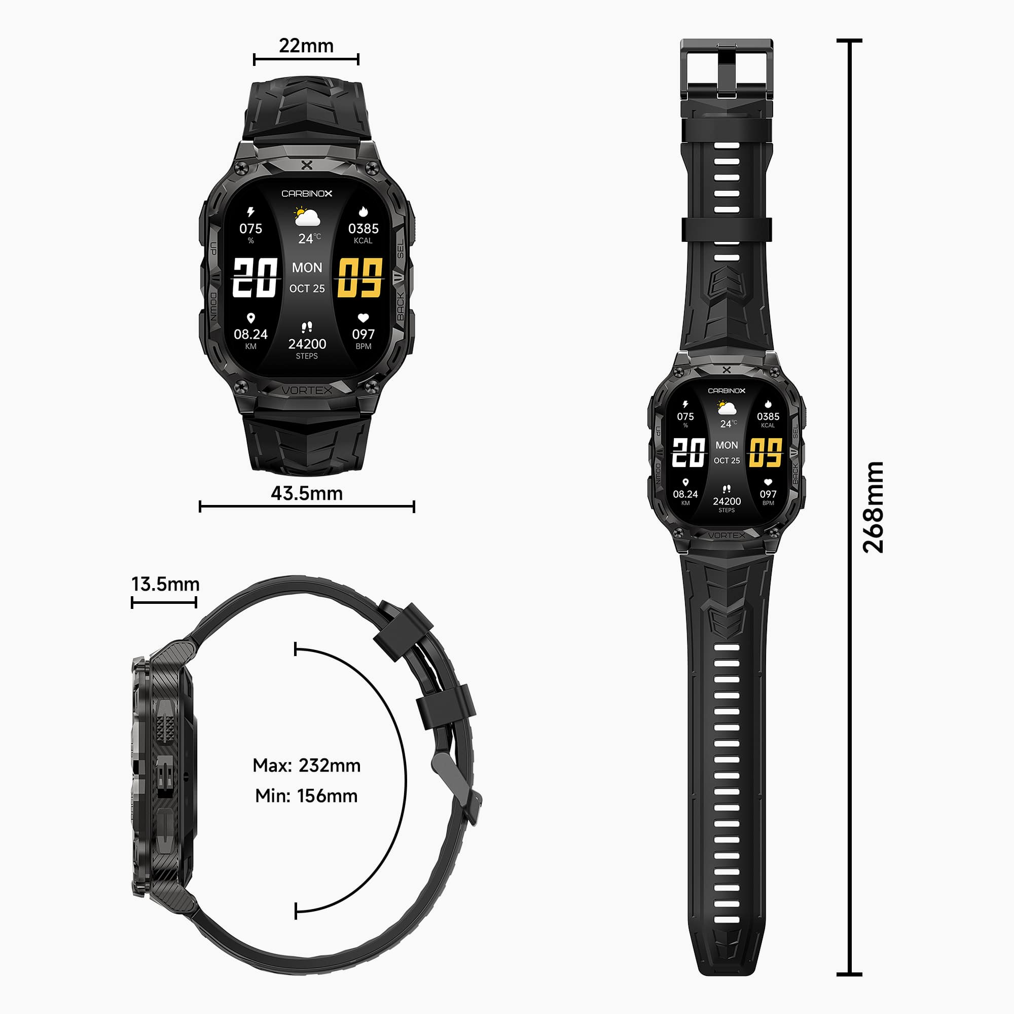 Carbinox Vortex Smartwatch (Answer/Make Calls), Military Grade