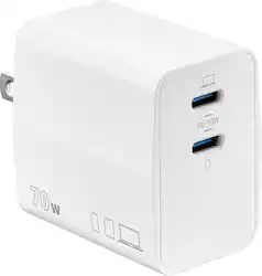 Insignia™ - 70W Dual Port USB-C GaN Wall Charger for MacBook, iPad, iPhone, Apple Watch, AirPods, Samsung Smartphones and More - White - Front_Zoom