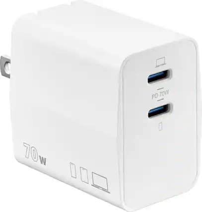 Front. Insignia™ - 70W Dual Port USB-C GaN Wall Charger for MacBook, iPad, iPhone, Apple Watch, AirPods, Samsung Smartphones and More - White.