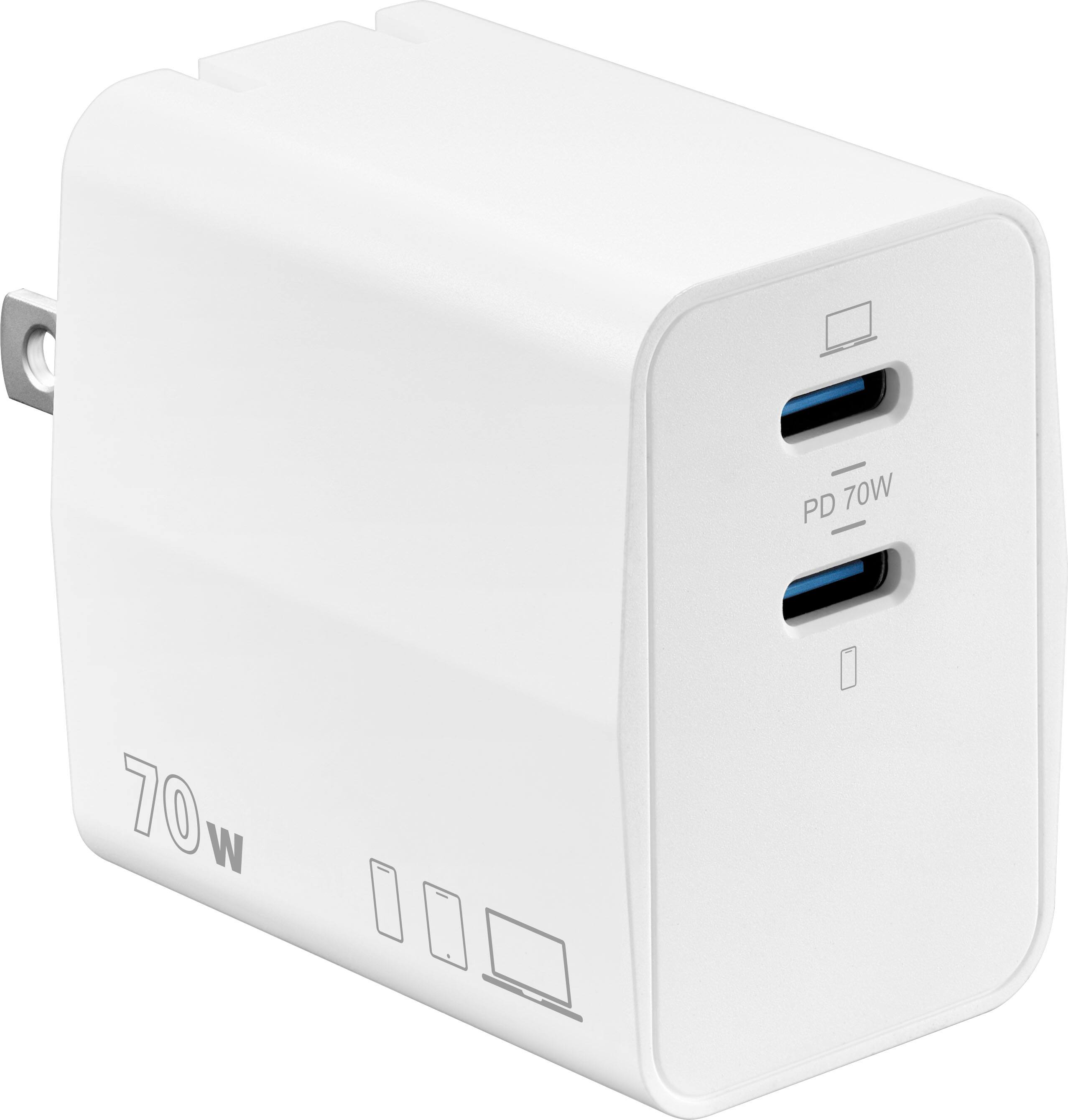 Insignia™ - 70W Dual Port USB-C GaN Wall Charger for MacBook, iPad, iPhone, Apple Watch, AirPods, Samsung Smartphones and More - White