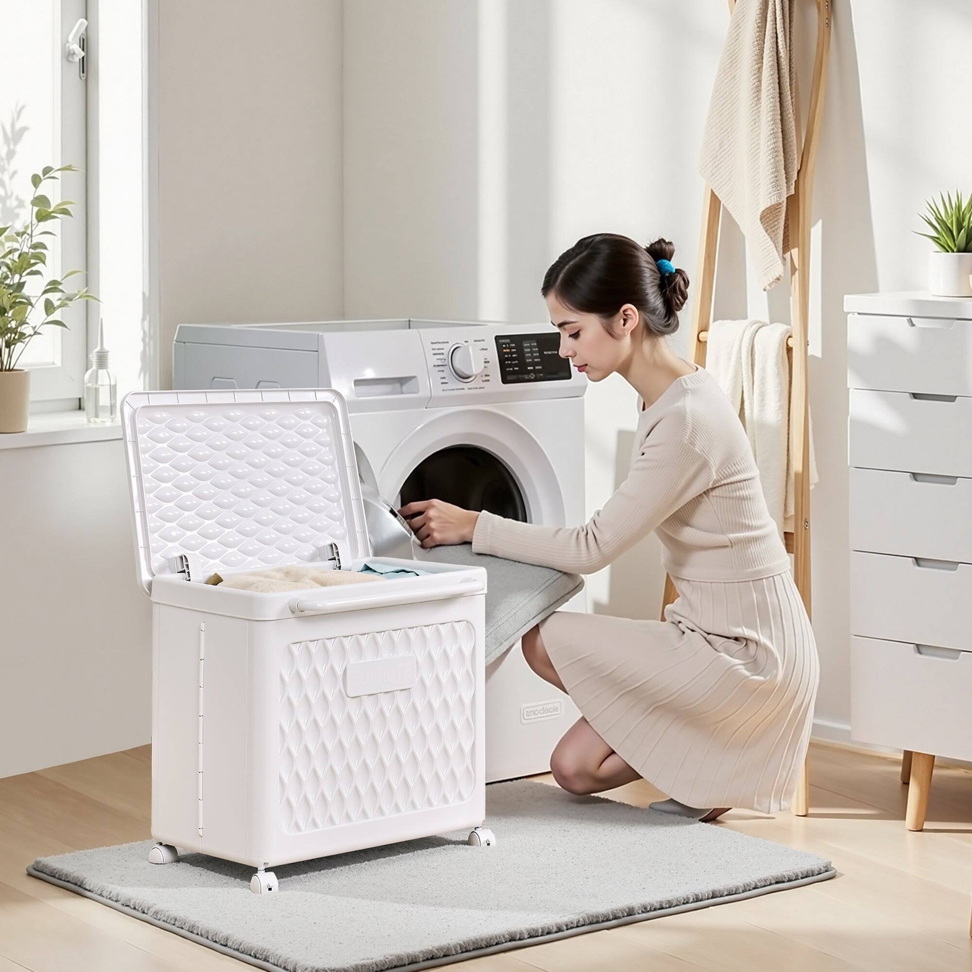 Angle. Vecelo - White Laundry Hamper With Wheels & Lid - Storage Basket,  For Home Closet Organizer,13.78" x 19.29" x 19.09" - White.