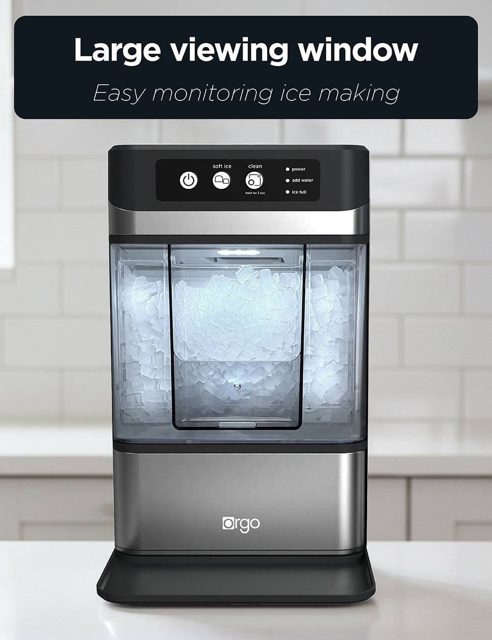 Large viewing window  
Easy monitoring ice making  

- soft ice  
- clean  
- power  
- add water  
- ice full  

argo