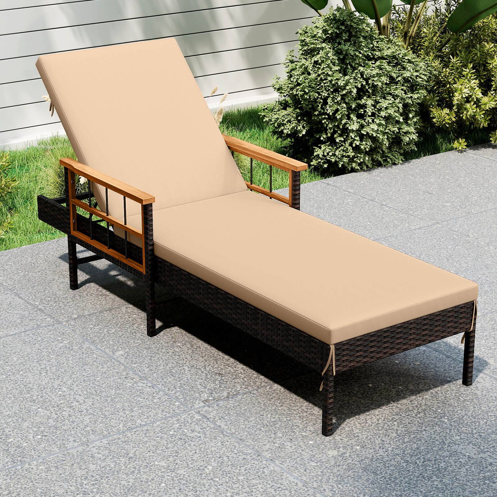 Alt View 1. Costway - Costway 2 PCS Patio Rattan Chaise Lounge Outdoor Reclining Lounger Chair with Wood Armrests - Mix Brown,Beige.